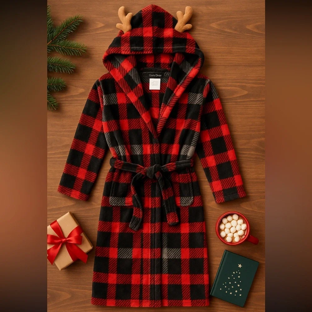 Cuddl Duds Kids Buffalo Plaid Fleece Hooded Robe w/ Antlers L (12/14)